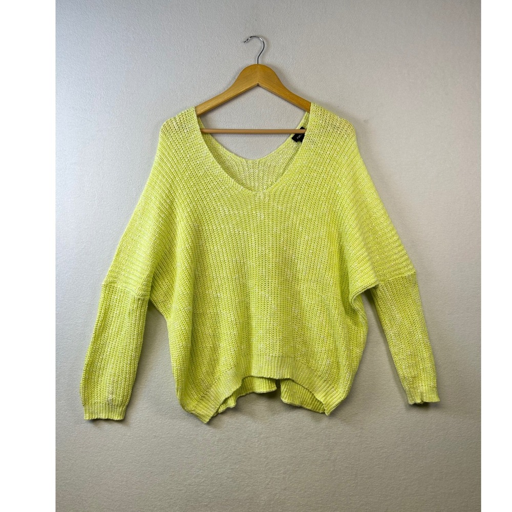 Rue 21 Neon Lime Green V Neck Knit Sweater L/XL Lightweight Relaxed Fit